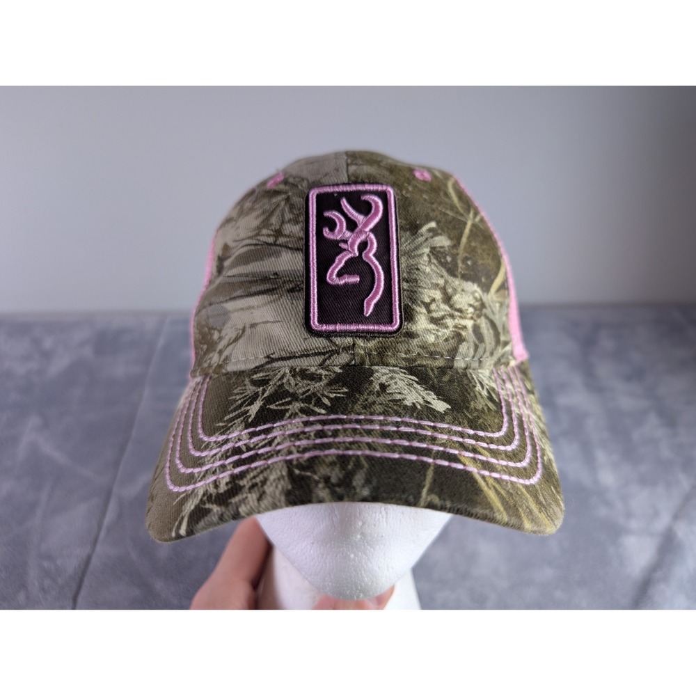 Browning Womens Camo Pink Mesh Trucker Hat Buckmark Logo Snapback Cap
